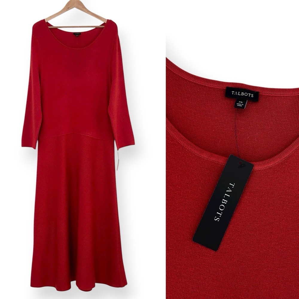 Talbots Women's XL Burnt Red Fit and Flare Long Sleeve Midi Sweater Dress NWT